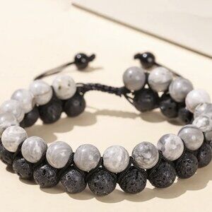 Natural Map Stone & Black Lava Rock Double Stacked Braided Beaded Bracelet NEW